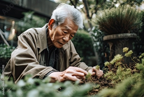  a man watering plants in his garden