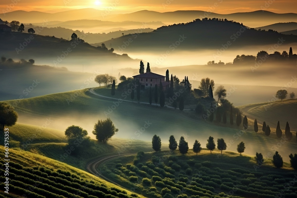 Beautiful foggy countryside in Tuscany, Italy. Generative AI