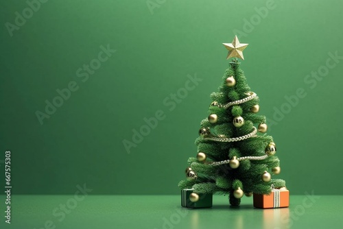 Christmas tree with garland on green background. Copy space. Banner. Xmas greeting card. Generative AI