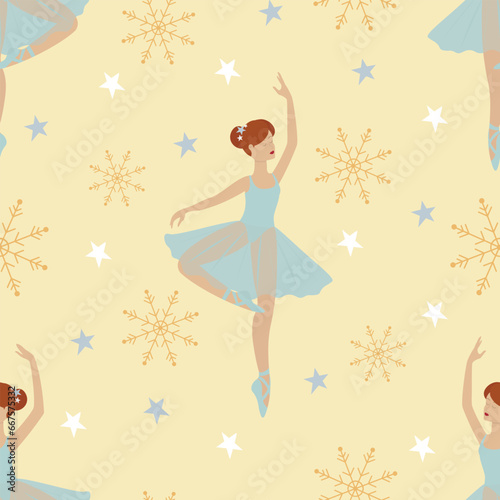 Vector seamless pattern with ballerinas and snowflakes.Nutcracker ballet wallpaper