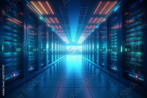 Digital storage technology in advanced server center. Reliable hosting and high-speed internet. Generative AI