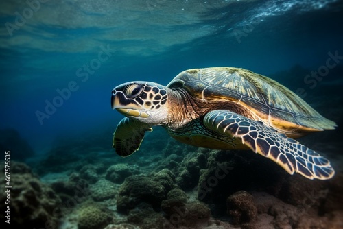 Sea turtle swimming,. Generative AI © Safi