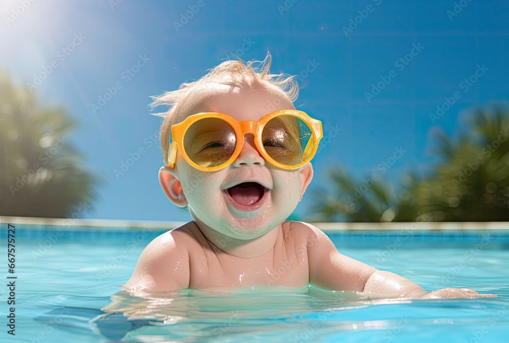 Happy baby playing in swimming pool during summer vacation