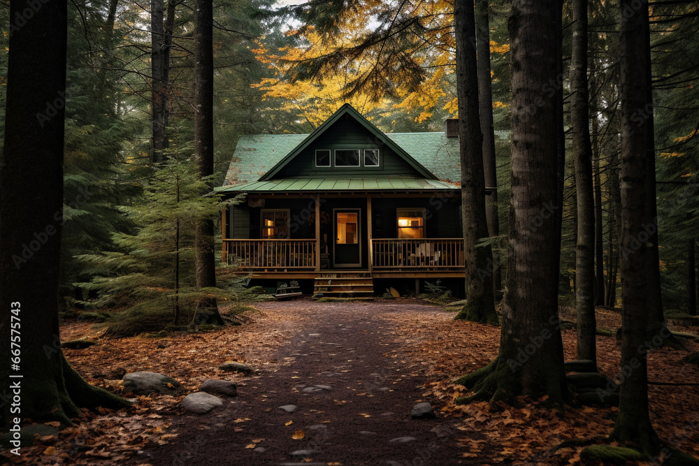 Cozy cabin in the woods on a moody autumn day Cozy cabin in the woods on a moody autumn day