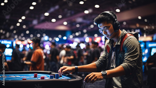 headphone wearing young boy in vintage suit and gown playing casino table in dj party, gambling and addictive lifestyle - ai generated photo