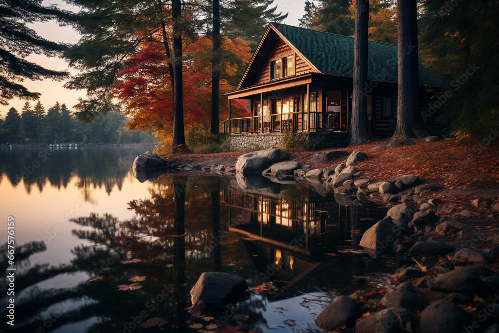 Cozy cabin in the woods at a lake on a moody autumn day