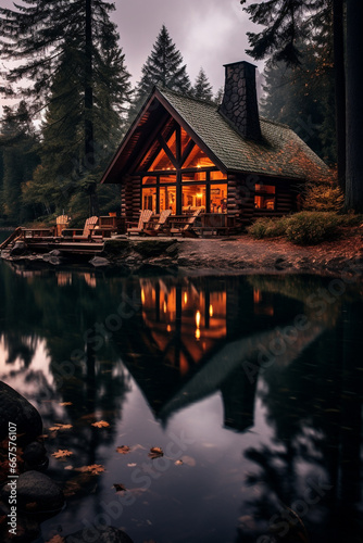 Cozy cabin in the woods at a lake on a moody autumn day © Alicia