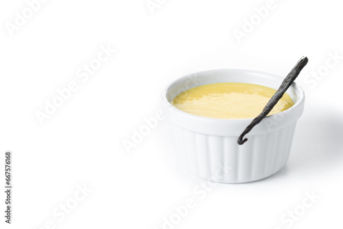 Homemade vanilla custard isolated on white background. Copy space