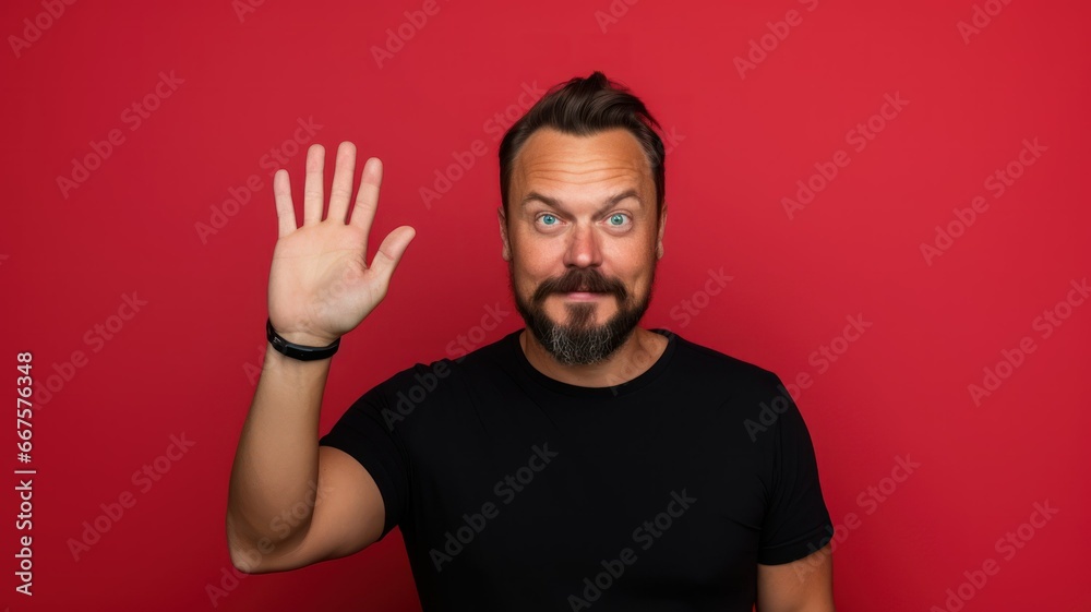 Model waving hand. Friendly person hand gesture, hello sign. Greeting ! Isolated on a plain colored background. Generative AI. Model waving hand. Friendly person hand gesture, hello sign. Greeting ! Isolated on a plain colored background. Generative AI.