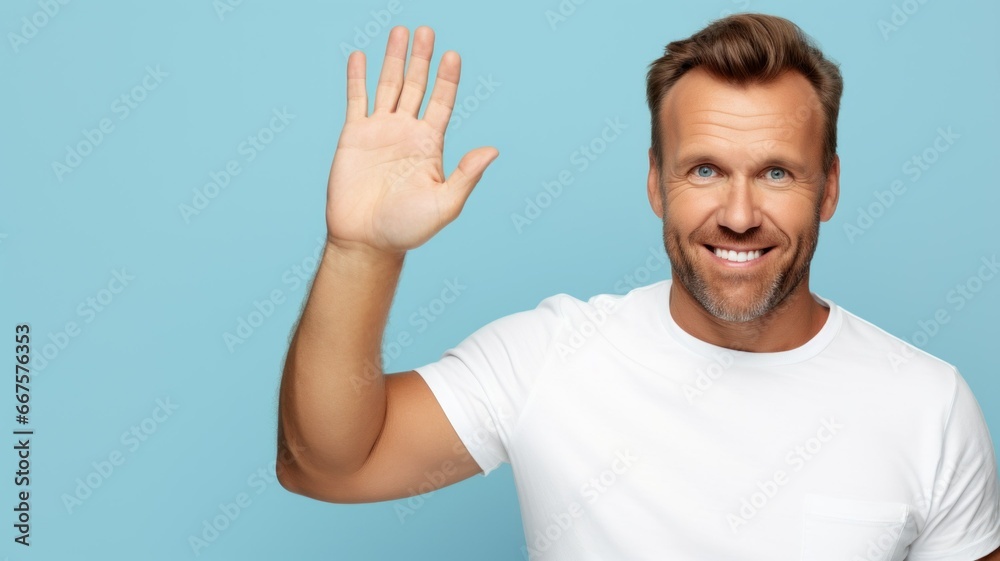 Model waving hand. Friendly person hand gesture, hello sign. Greeting ! Isolated on a plain colored background. Generative AI. Model waving hand. Friendly person hand gesture, hello sign. Greeting ! Isolated on a plain colored background. Generative AI.