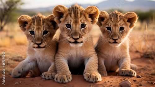 Cubs of lion curiously look straight into the camera in the desert © Trendy Graphics