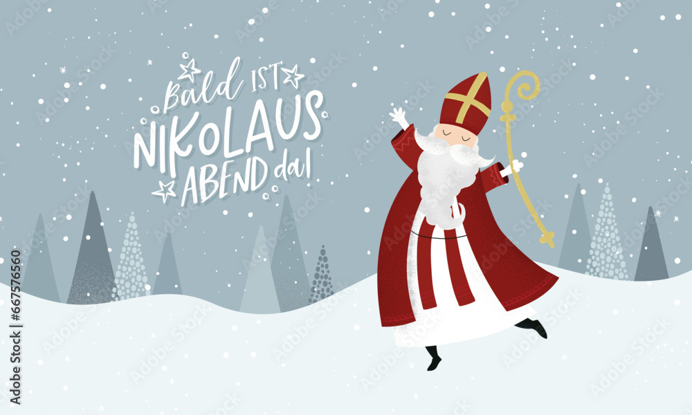 Lovely drawn Nikolaus character, , text in german saying Lovely drawn Nikolaus character, , text in german saying