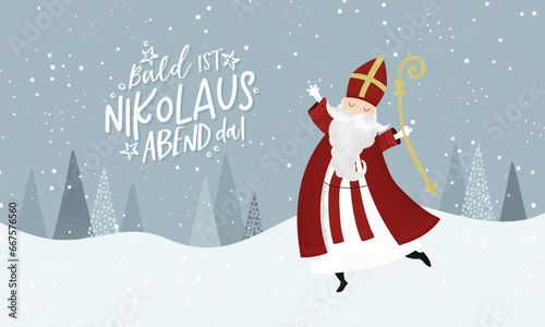 Lovely drawn Nikolaus character, , text in german saying "Soon it's Saint Nicholas Day!" - great for invitations, banners, wallpapers, cards - vector design © TALVA