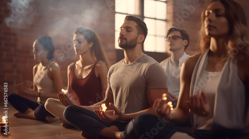 Group meditation in yoga centre, breath exercise, men and women meditating and breathing with closed eyes, breathwork concept photo