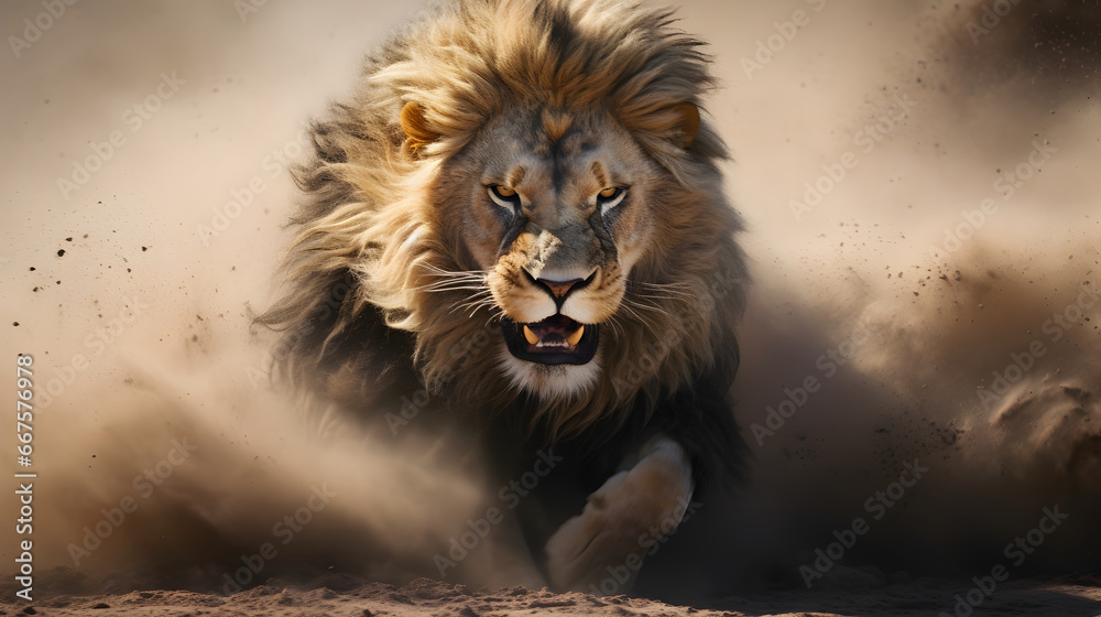 Fototapeta premium Lion runs furiously in the dust