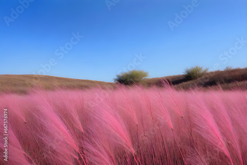 Romantic pink muhly and blue sky Generative AI