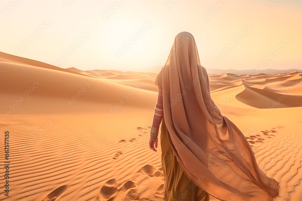 Arabian woman in the desert left side for copy space ai generated art - obrazy, fototapety, plakaty 