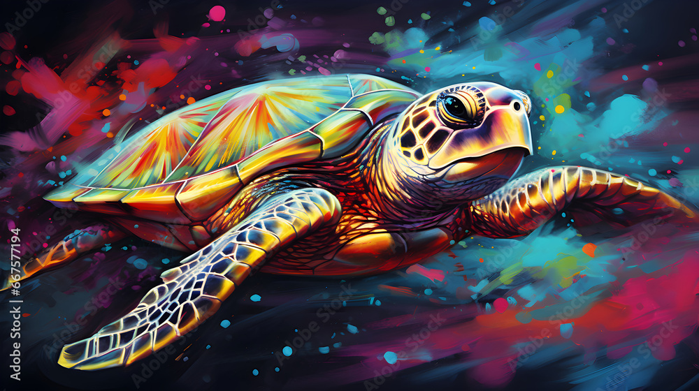 Painted turtle with paint splash painting technique on colorful background Painted turtle with paint splash painting technique on colorful background