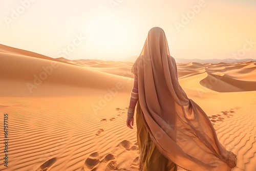 Arabian woman in the desert left side for copy space ai generated art © mihail