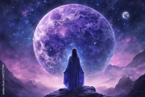 A mysterious woman stands with her back turned on the ground on a planet with a purple surface