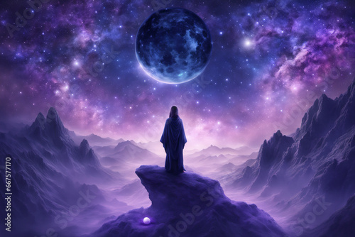 A mysterious woman stands with her back turned on the ground on a planet with a purple surface