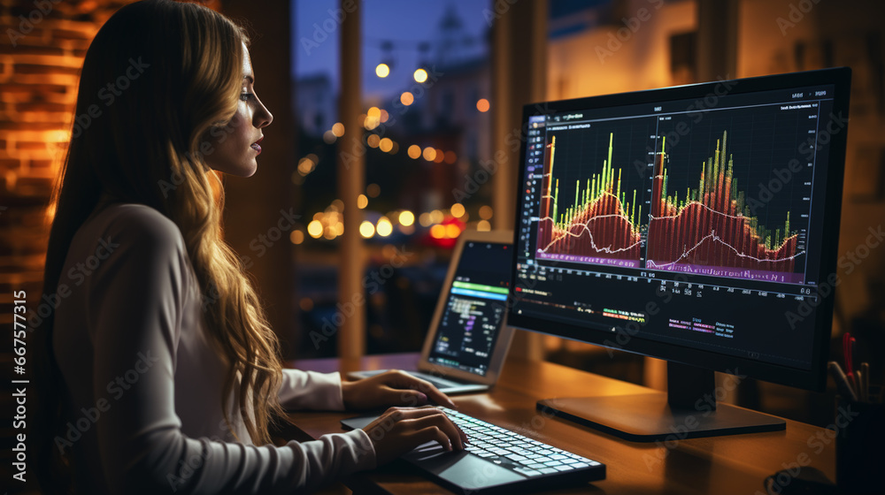 Financial analyzing and market forecast concept with young woman working with data, growing digital chart diagram and candlestick Financial analyzing and market forecast concept with young woman working with data, growing digital chart diagram and candlestick