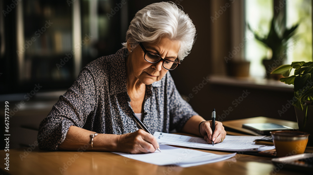 Retired lady looking at correspondence sheet. considering bank notification at home. Retired lady looking at correspondence sheet. considering bank notification at home.