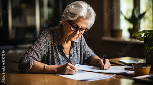 Retired lady looking at correspondence sheet. considering bank notification at home.