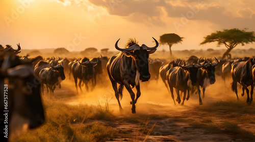 Wildebeest migration in a national park at evening, dust flying all around © Trendy Graphics