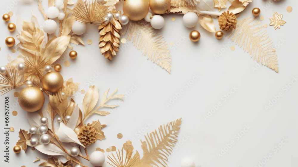 Naklejka premium Christmas background decorations composition flatlay Merry christmas card. Winter holiday theme. Happy New Year. Space for text, AI generated