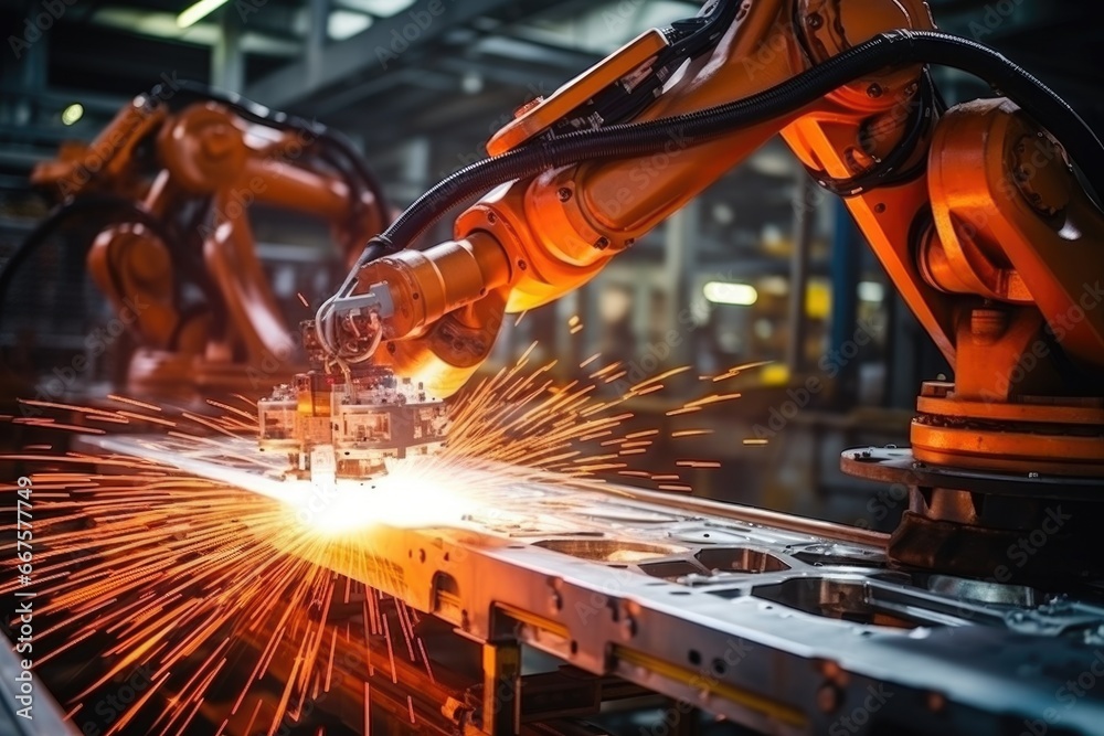 Industrial robots arm are welding automotive part in car factory. AI Generative Industrial robots arm are welding automotive part in car factory. AI Generative