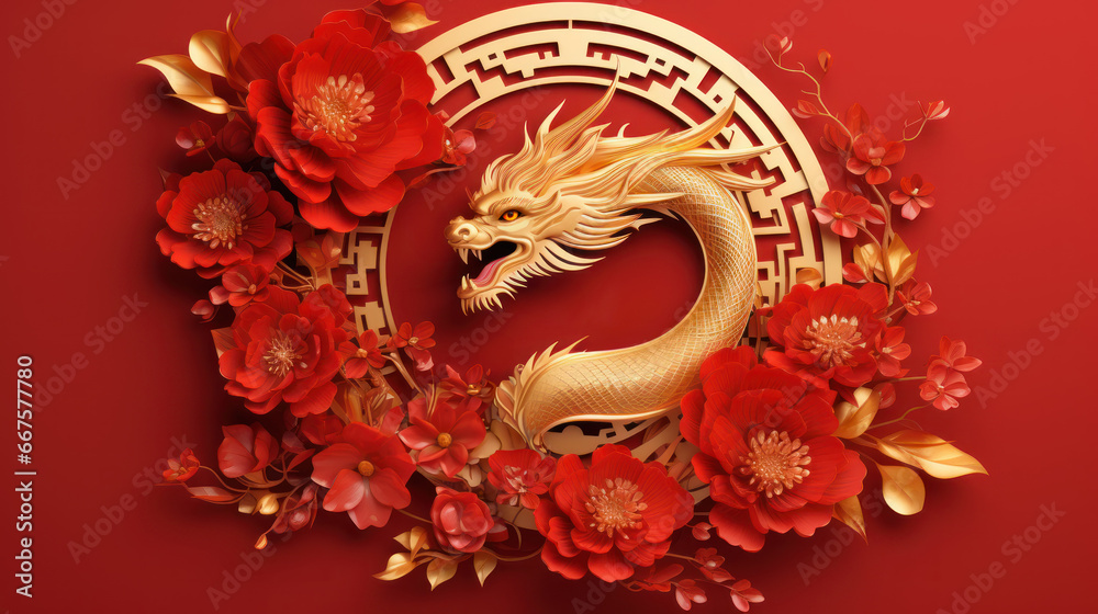 Dragon with flower, lantern, asian elements gold paper cut style on red background, AI generated Dragon with flower, lantern, asian elements gold paper cut style on red background, AI generated