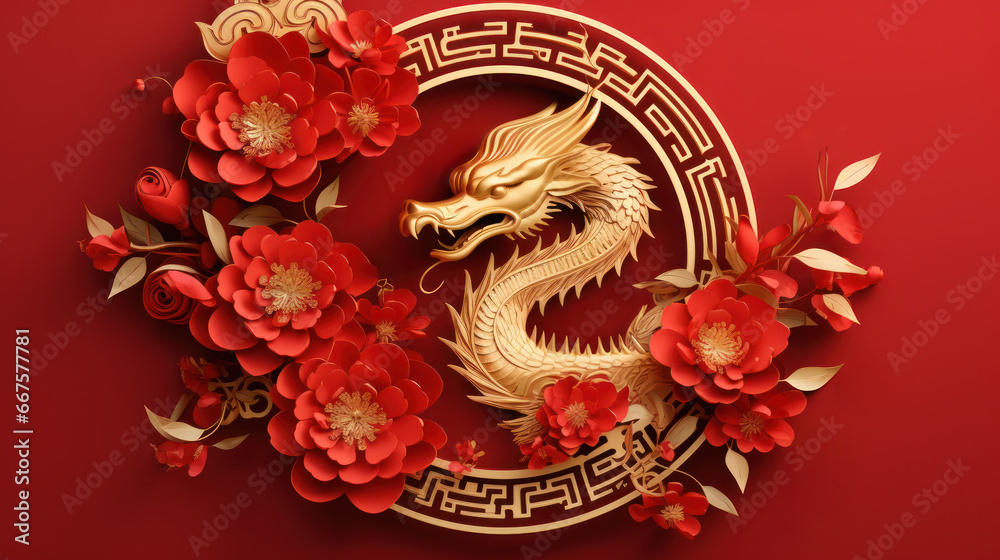 Dragon with flower, lantern, asian elements gold paper cut style on red background, AI generated Dragon with flower, lantern, asian elements gold paper cut style on red background, AI generated