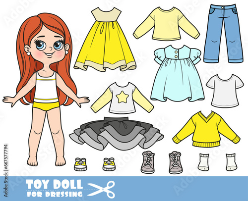 Cartoon brunette longhaired girl  and clothes separately -  tutu, long sleeves, t-shirt, dresses, jeans and sneakers doll for dressing