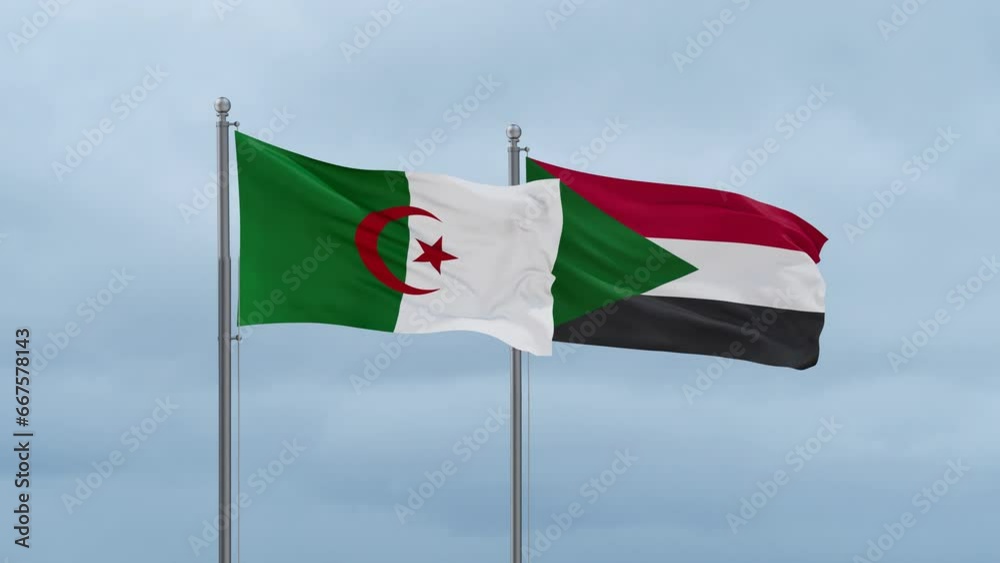 Sudan and Algeria flag waving together on cloudy sky, endless seamless loop, two country cooperation concept Sudan and Algeria flag waving together on cloudy sky, endless seamless loop, two country cooperation concept