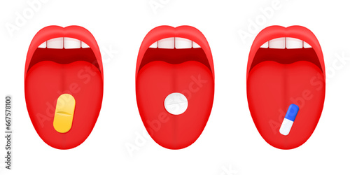 Set of open mouthes with tongues sticking out and pills or capsule on them isolated on white background. Taking medicine or drugs concept. Vector cartoon illustration. photo