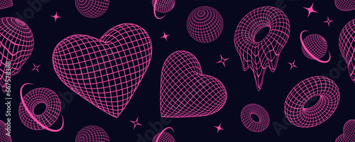 Retro Y2K seamless pattern with techno shapes and 3d wireframes, grids, geometric forms, pink neon crazy design elements in 2000s aesthetic style.