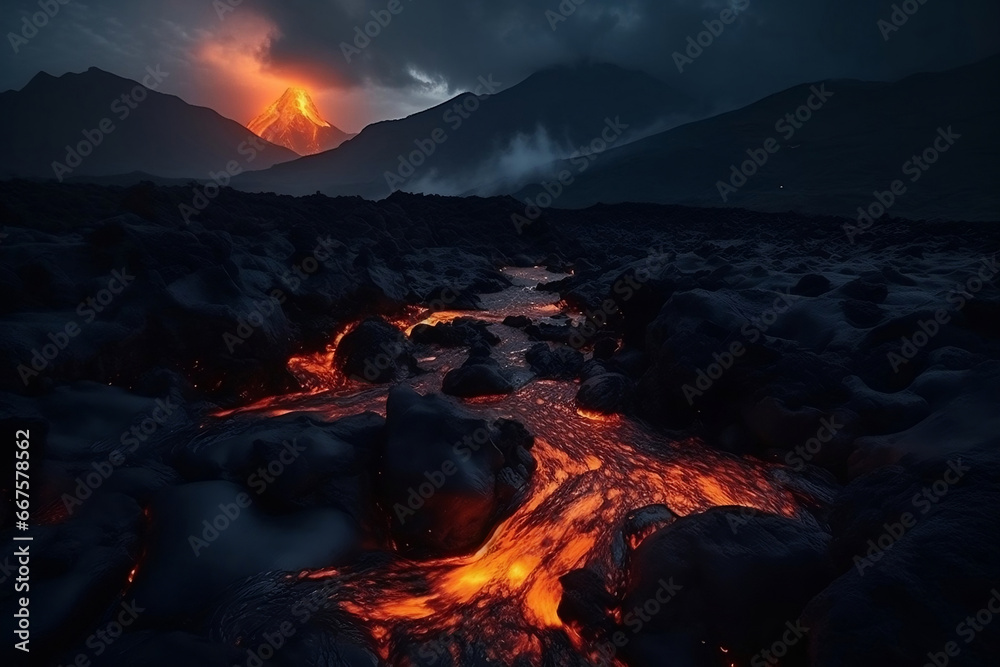 Night fiery mountain and volcanic landscape with lava stream generative ai