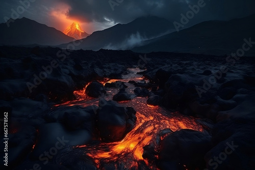 Night fiery mountain and volcanic landscape with lava stream generative ai