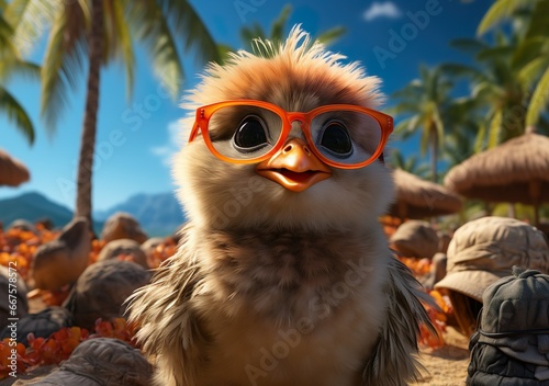 Image portrait of a realistic happy cute chicken rresting on a beach on summer vacation, beach relax vibe concept
 photo