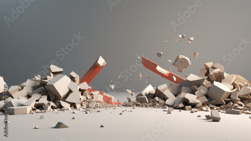 Fototapeta 3d minimalist Wrecked Building Panorama with Concrete Debris and Huge Beam on grey Background with copy space