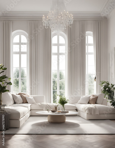 Interior of the fashionable flat is white. modern living room with white furniture and large windows.