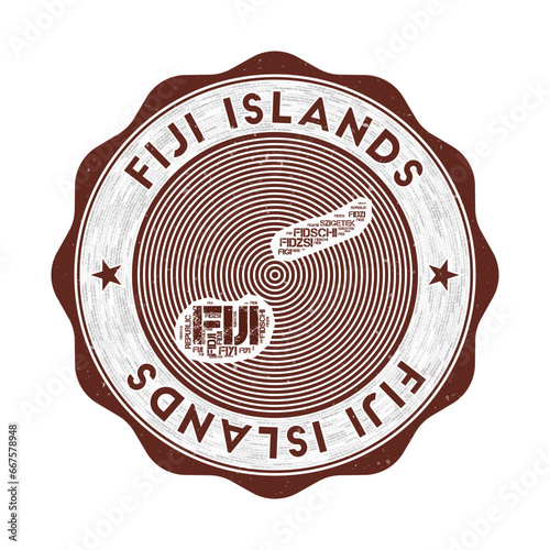 Fiji seal. Country round logo with shape of Fiji and country name in multiple languages word cloud. Authentic emblem. Modern vector illustration.
