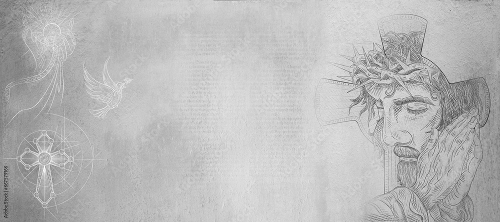  Jesus Face on the cross. Christian or Catholic jesus christ on a grey background. Hand drawing. - obrazy, fototapety, plakaty 