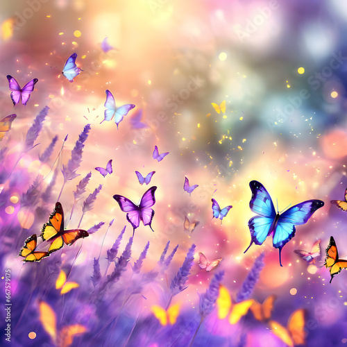 A sunny summer nature background sets the stage for a breathtaking display of beauty. Graceful butterflies flutter amidst a mesmerizing sea of lavender flowers, bathed in the golden hues of sunlight. 