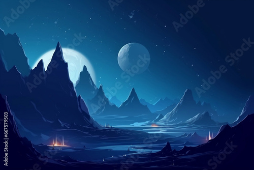 Night mountain landscape of the cold planet with space settlement generative ai