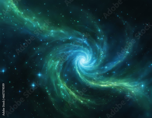 blue and green galaxy with stars. Particles of gold dust Making Spiral Waves in a Green-Tinted Blue Fluid. Background with abstract glitter.