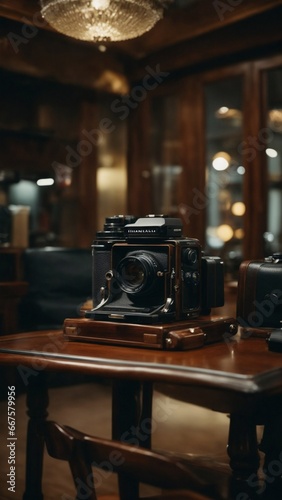 Vintage photo of an old camera on a table with books