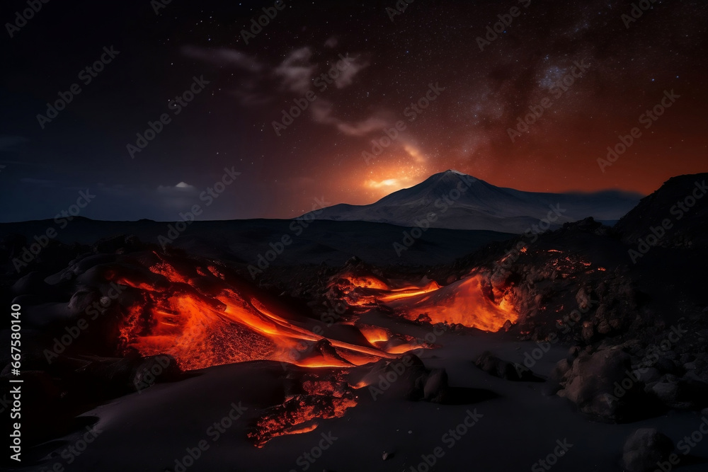 Night volcanic mountain at fiery landscape with lava stream generative ai