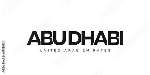Abu Dhabi in the United Arab Emirates emblem. The design features a geometric style, vector illustration with bold typography in a modern font. The graphic slogan lettering.